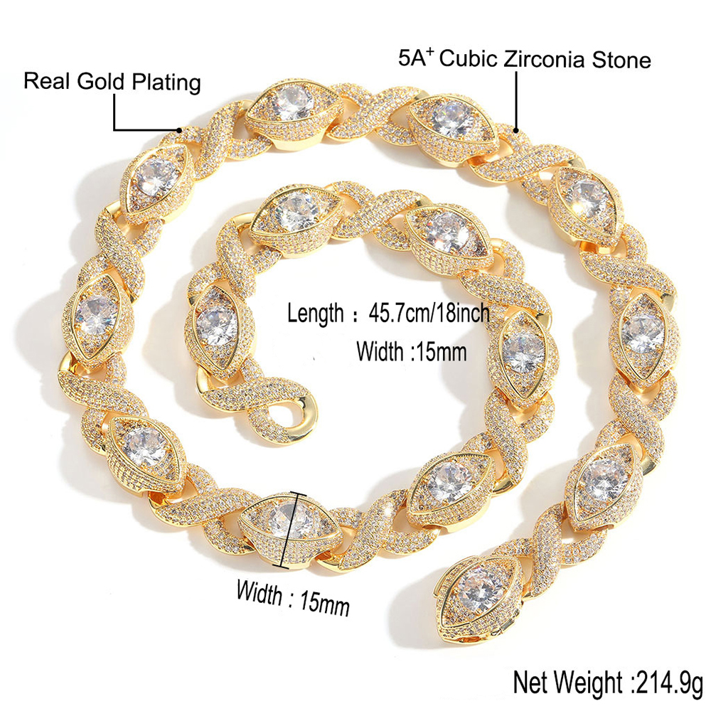 15mm Hip Hop High Eye Infinite 8 Shape Cuban Chain Necklace Bracelets 5A Zircon 18k Gold Plated Jewelry