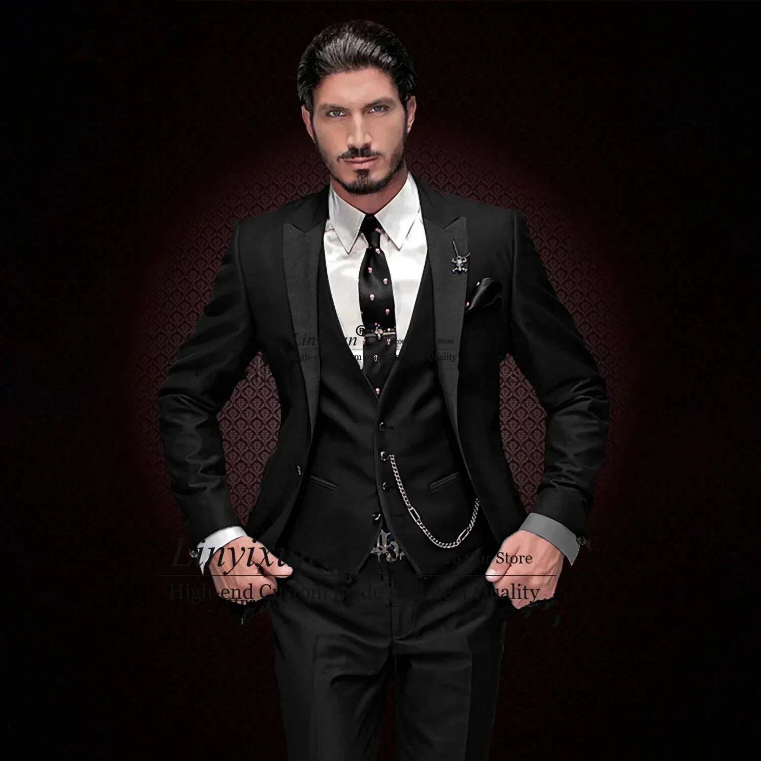 Classic Black Slim Fit Mens Suits Peaked Lapel Wedding Groom Tuxedo 3 Piece Jacket Vest Pants Set Male Business Masculino Blazer 250224