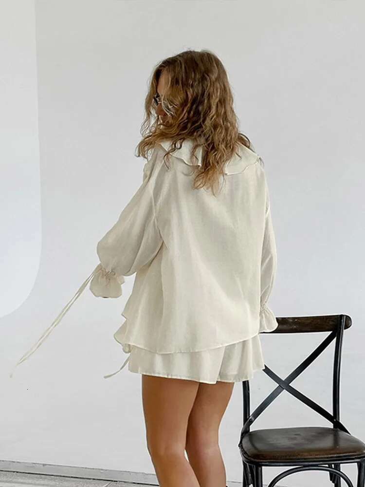 Chic 2025 New In Matching Sets Casual See Through Ruffles V Neck Lace Up Shirts Wide Leg Shorts Spring Summer Loose Lady Suit