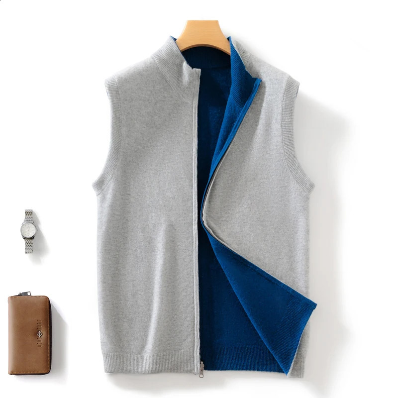 mens 100 wool vest solid color knitted sleeveless cardigan semi high neck sweater casual doublesided jacket 250225