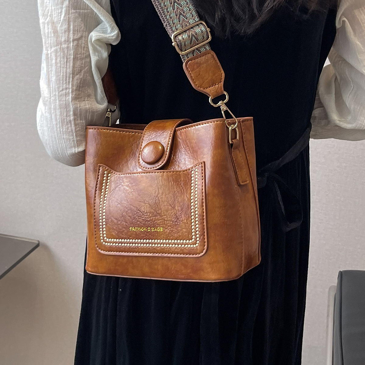 color widened ribbon bucket for women new retro fashion shoulder pu leather bags