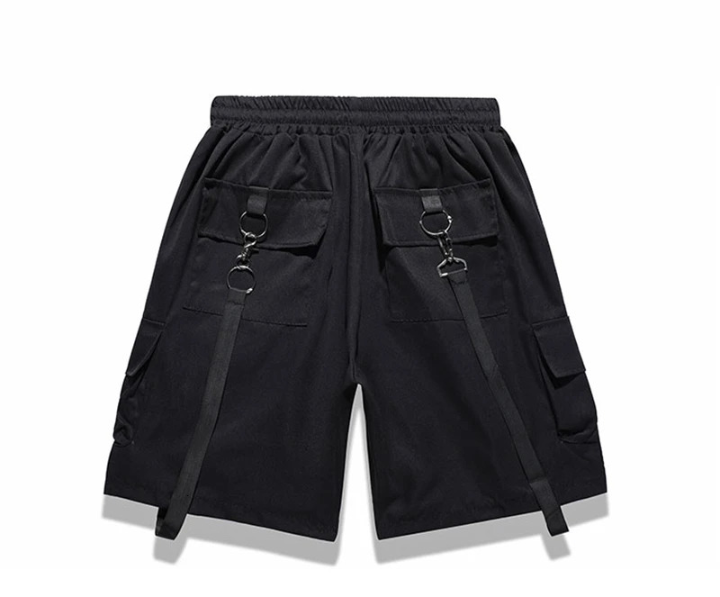 Mens multi pocket cargo short sleeved elastic waist wide leg pocket knee long short sleeved mens loose top E175 250225