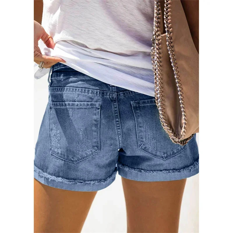 Fashion Broken Holes Splicing Cloth Denim Shorts Women Folded Legs Three Quarter Pants Female Casual Trend Streetwear Mini Jeans 250227