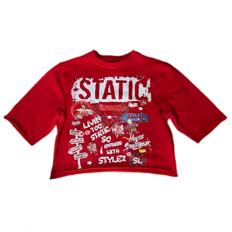 Y2k American Retro Red Letter Casual Short-sleeved Rock Hip-hop Street Print Oversized T-shirt Round Neck Cotton Short-sleeved 250227