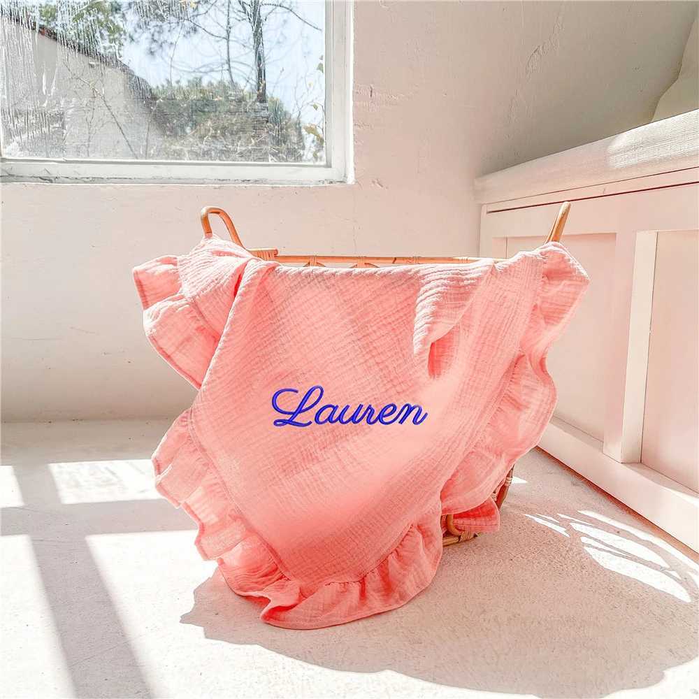 Ruffle Blanket Customize Name Personalized Embroider Baby Blanket Cotton Baby Comforter Cotton Infant Blanket Swaddle Bath Towel Z250228