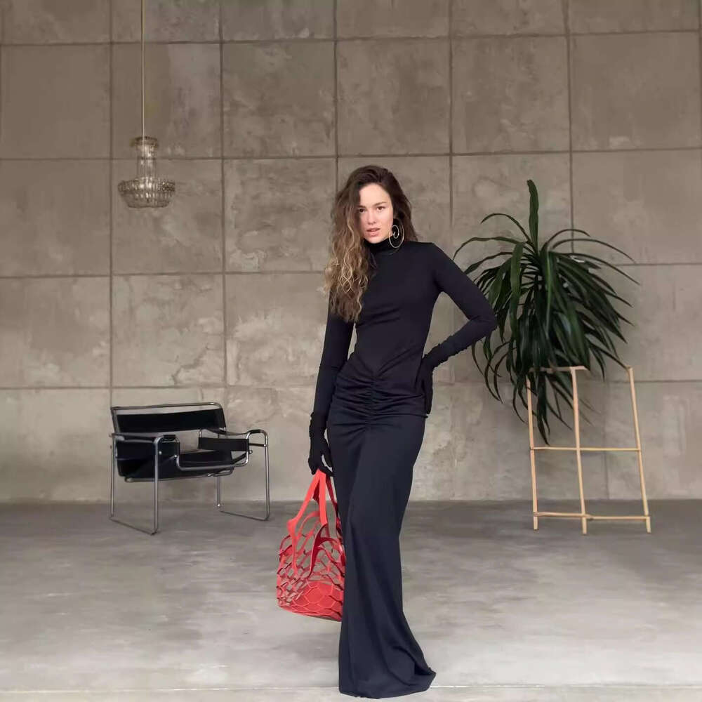 European American autumn winter temperament socialite private dress standing collar sleeved waist slim fit bag hip cinched pleated long skirt 2025 new