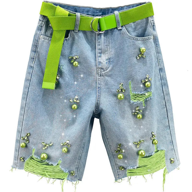 Green Hole Denim Shorts Women Summer Pearl Diamond Decoration Raw Edge Short Jeans Chic High Waist Loose Straight Denim Shorts 250227