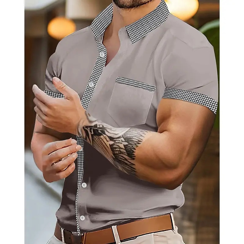Mens Shirts Casual Shirts Beach Shirts Button Down Shirts Short Sleeve Houndstooth Lapel Vacation Hawaii Clothing Smart Casual 250227