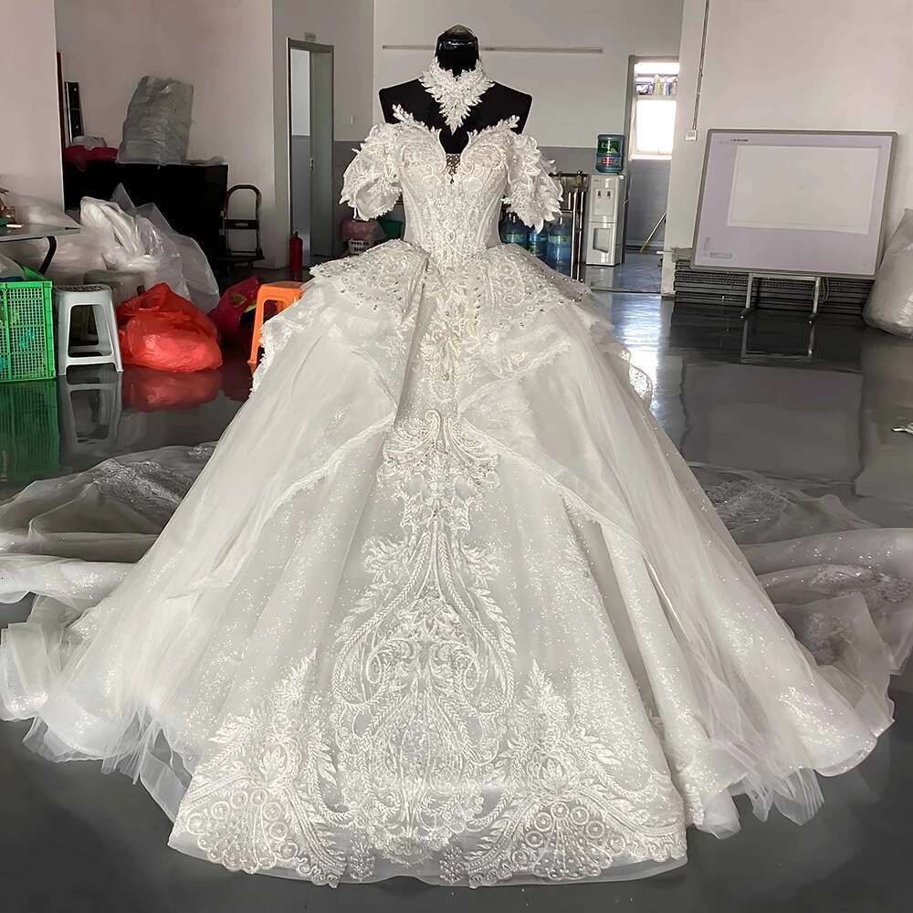Lace Up Organza Custom White Wedding Dresses Off Shoulder Train Sweep Bridal Dress