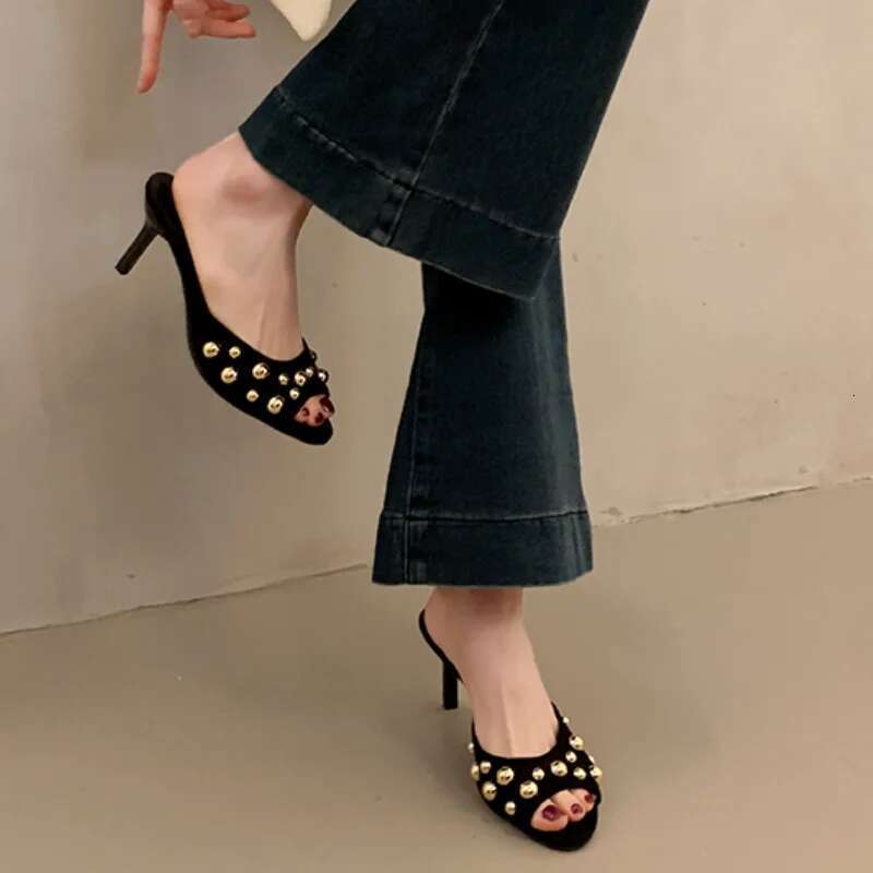 Studded Peep Toe Stiletto Slip on Gold Rivets Decor Classic Sexy Women Summer Sandals Dress Party Daily Casual Single Shoe