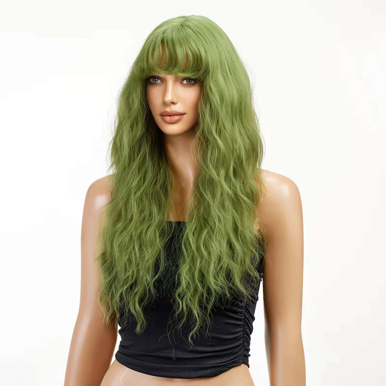 HENRY MARGU Light Green Curly Synthetic Wigs Long Colorful Wig With Bangs Heat Resistant Fiber For Cosplay Party Women Girls Use