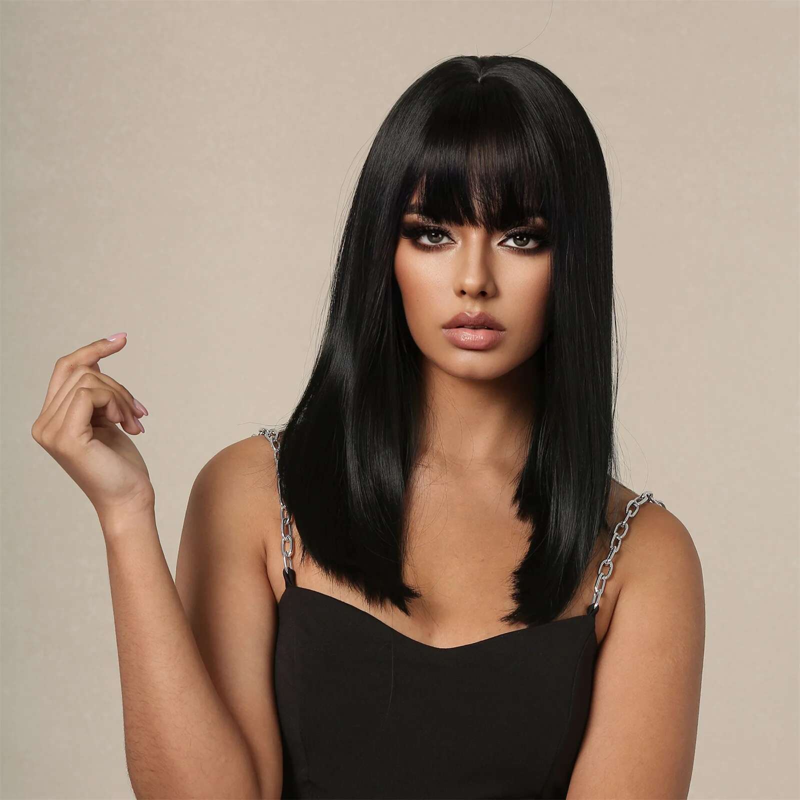 Straight Black Bob Synthetic With Bangs Medium Long Cosplay Layered Wigs For Woman Natural Hair Daily Wig Heat Resistant