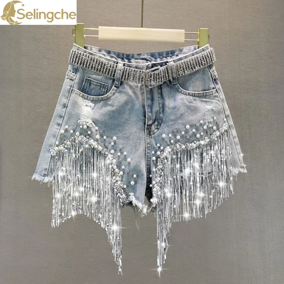 Denim Shorts for Womens Summer and Korean Versions High Waisted and Slim with Holes Studded Sequins Tassels Wide Leg Pants 250227