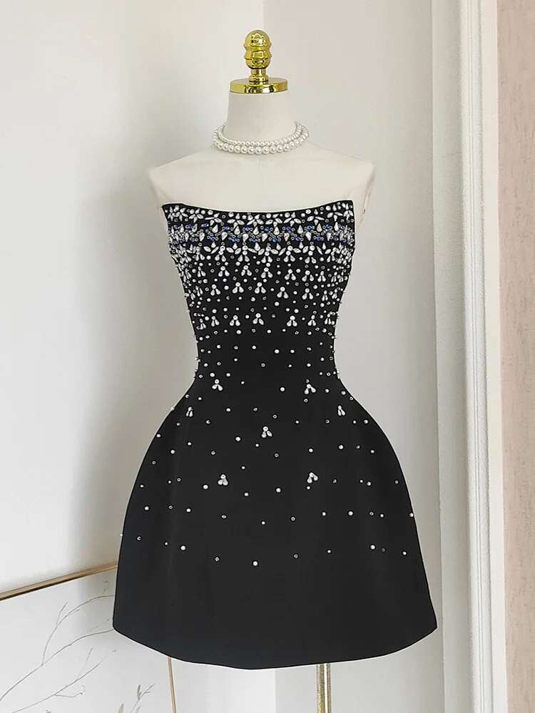 IEQJ French Style Dia Spliced Party Mini Dresses For Women Slash Neck Sleeveless High Waist Black Female Dress 2025 3Wq6859