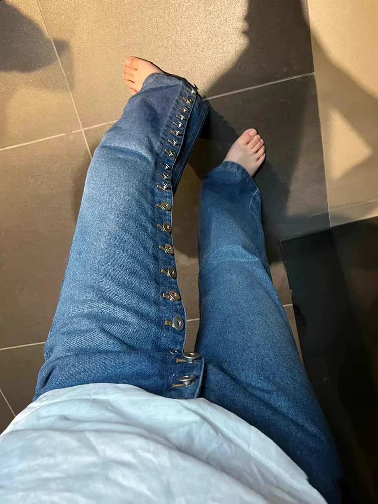 Spring Fashion Retro Multi Button Straight Jeans Womens High Waisted Wide Leg Pants Street Female Denim 250228