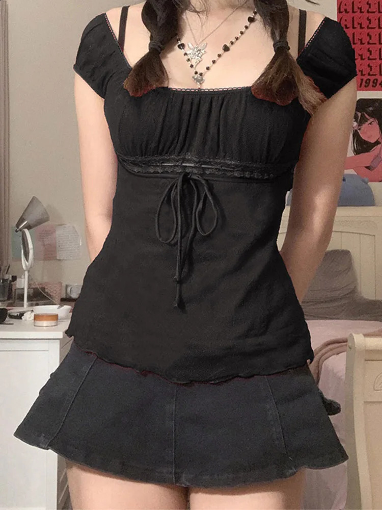 2000s Aesthetic Sweet Lace Top Off Shoulder Drawstring Tshirt Korean Fashion Female Tee Fairy Grunge Streetwear 250224