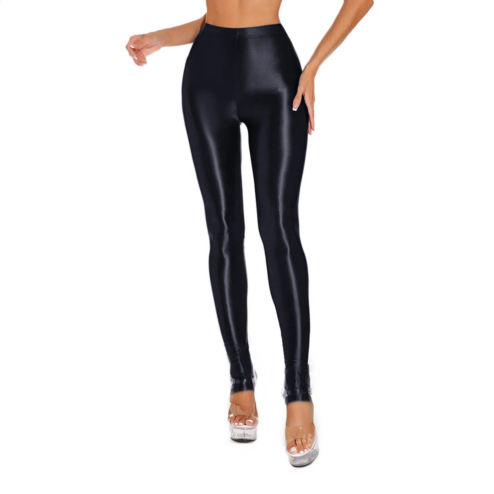Womens Shiny Glossy High Waisted Stirrup Leggings Tights Gymnastics Workout Yoga Pants Tummy Control Sports Trousers 250226