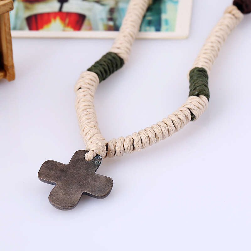 Popular accessories: hemp rope woven alloy cross necklace, punk men's necklace