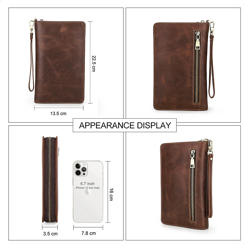 Ship from US CONTACTS Mens Clutch Bag Large Capacity Genuine Leather Male Wallet Zipper Card Purse Document Holder Passport Cover Walet 250228FBB