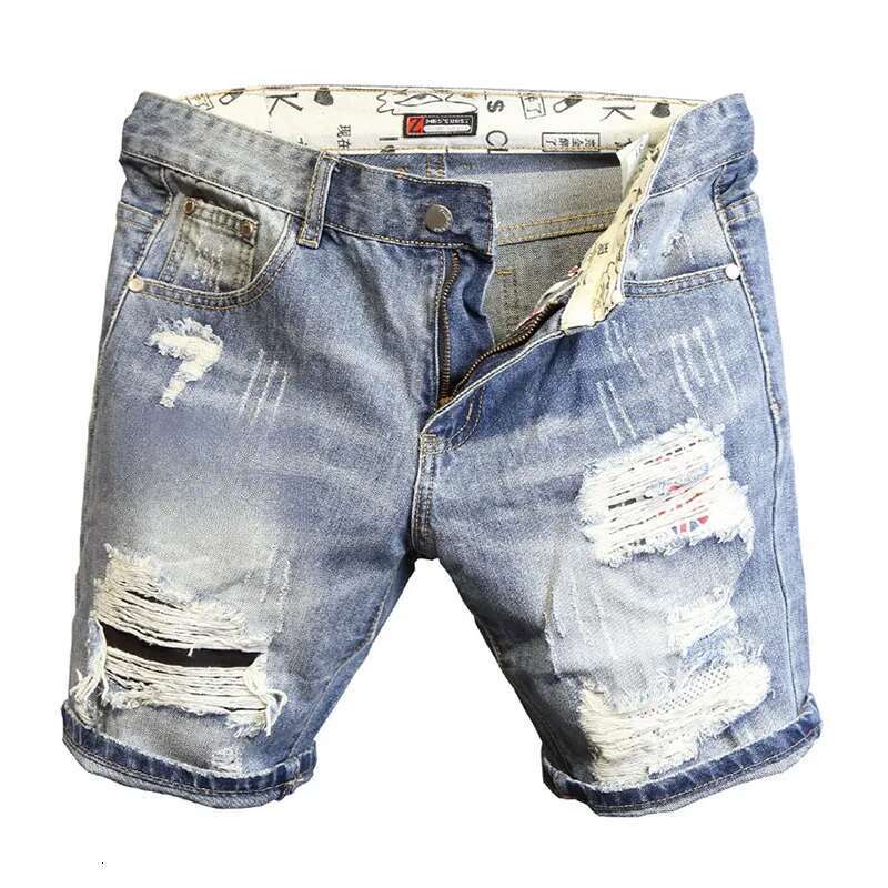 Men's Jeans Summer Light Blue Ripped Cat Whisker Patch Letter Print Slim Denim Shorts Teenagers Boys And Girls Cowboy Short Pants