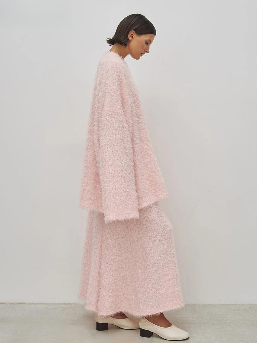 Casual Loose Pink 2 Piece Sets Women Outfit 2024 Elegant Long Sleeve Shirt With High Waist Ankle Length Skirt Set Female