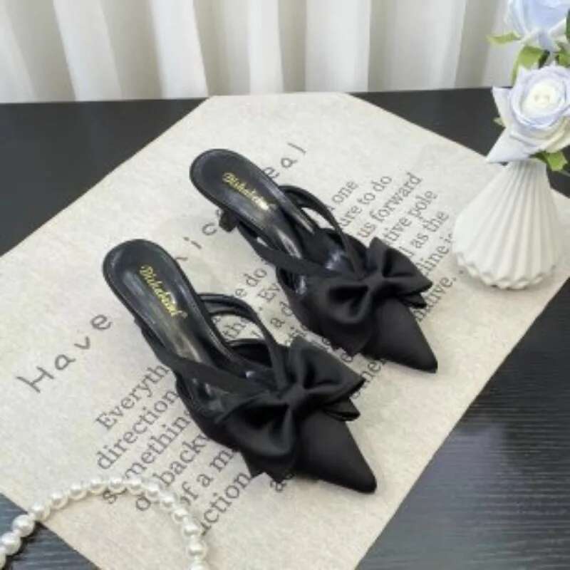 Fairy Style Pink Cool for Summer French Pointed Bow Hollow High Heels, Half Wrapped Women's Slippers