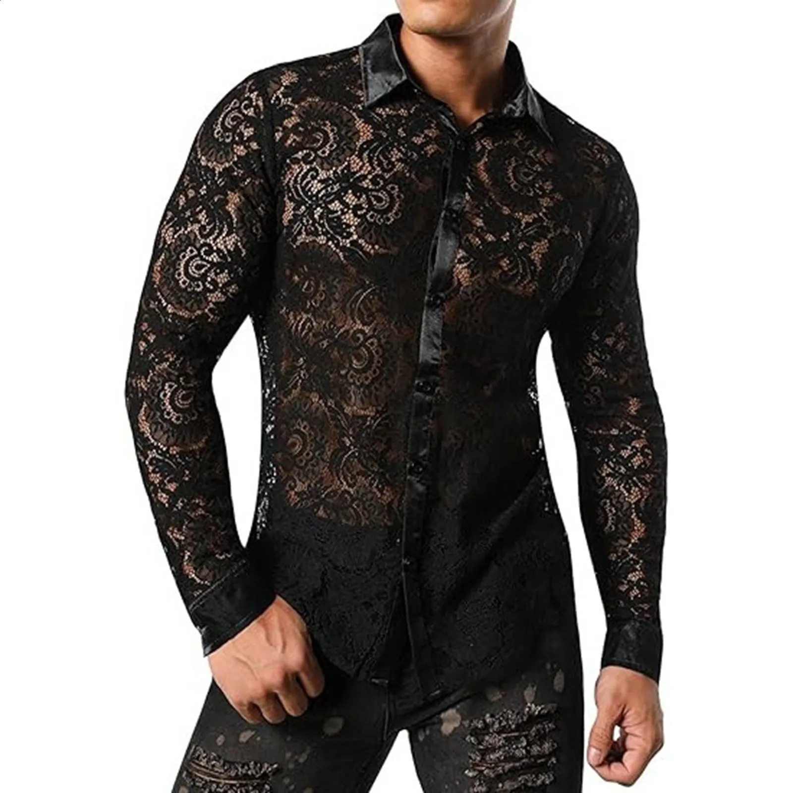 Mens Foreign Trade Lace Shirt Transparent Sexy Long Sleeve Shirt Fashionable Shirt Mens Short-Sleeved Shirt 250222