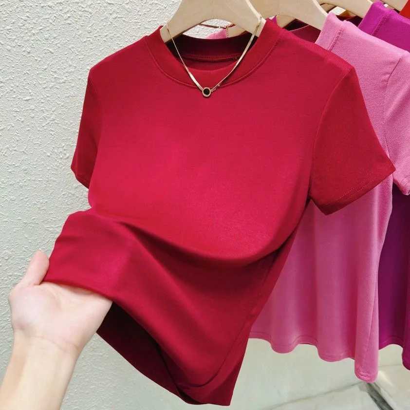 Womens Elastic Crew Neck T-Shirt Solid Ribbed Tops Pink Short Sleeve Tight Bottom Basic Shirt Casual Sexy Slim Summer Tops TeeT250228