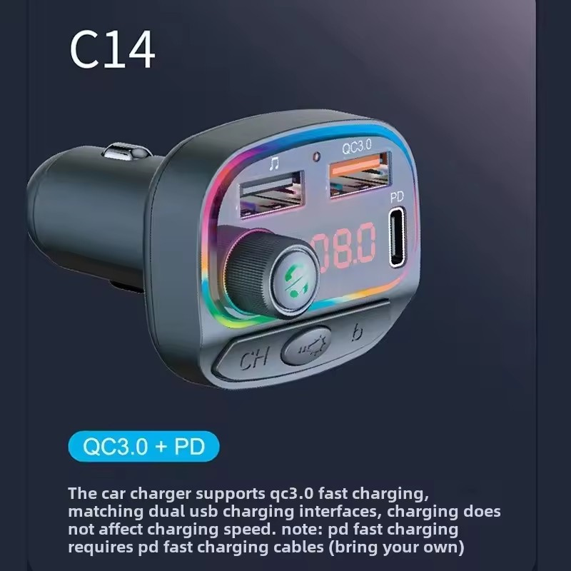 C14 C15 Car Bluetooth MP3 Player Atmosphere Light QC3.0 PD 20W Fast Charging FM Broadcaster For iPhone 16 15 14 13 12 Plus Pro Max Samsung Google Ando
