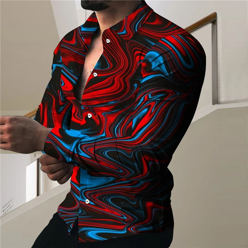2023 Autumn Fashion Social Mens Shirt Polo Button Casual Western Print Top Prom Cardigan Plus Size M3XL 250226