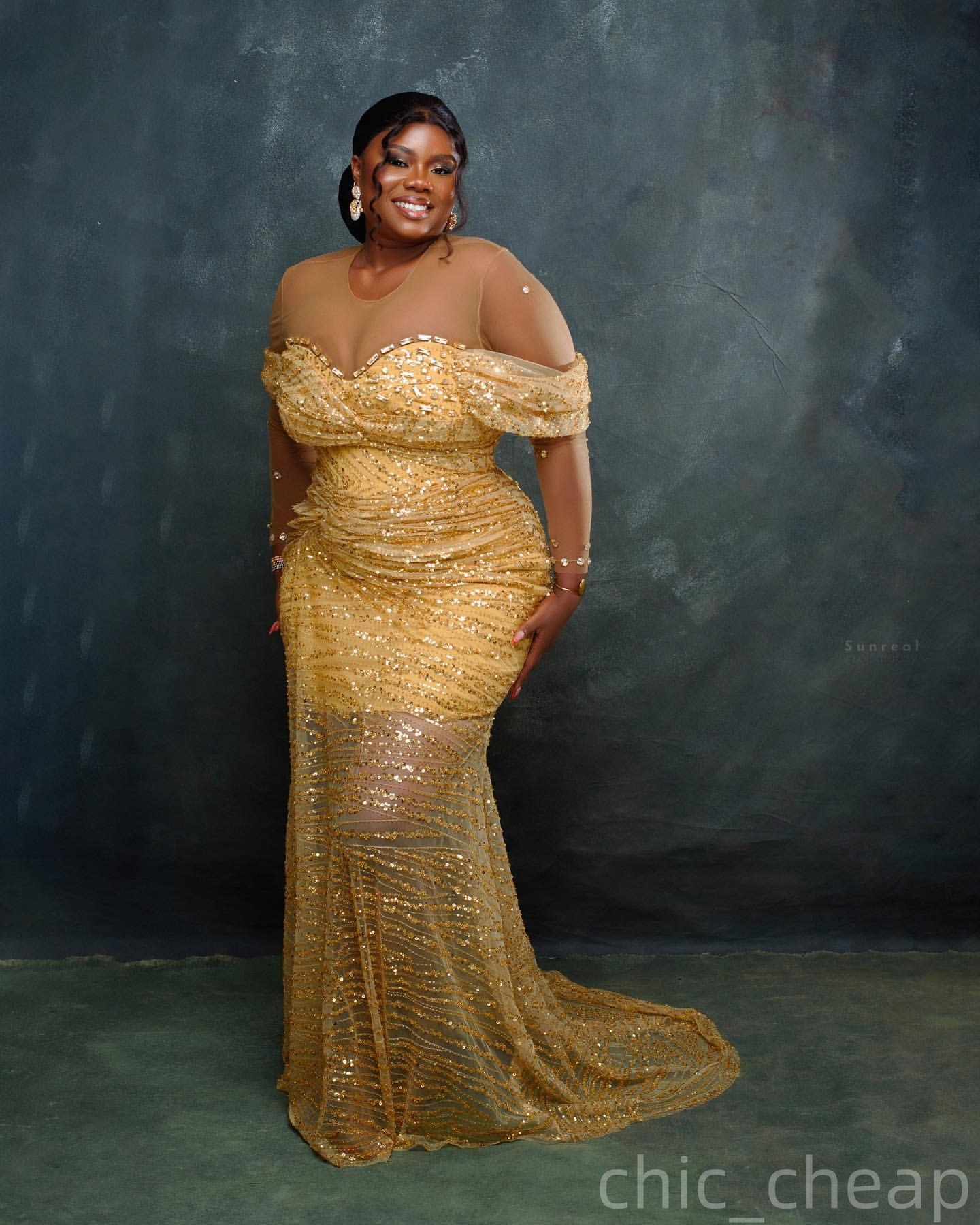 Gold Mermaid Prom Dresses 2025 Crystals Sheer Neck Sequined Evening Formal Party Second Birthday Engagement Gowns Plus Size Dress For Special Occasion
