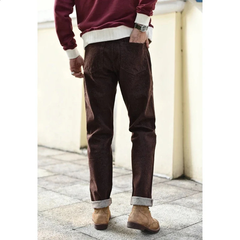 Saucezhan Mens Jeans Brown Trousers Selvedge Denim for Men Taper Fit vintage 138 Oz 250228Z