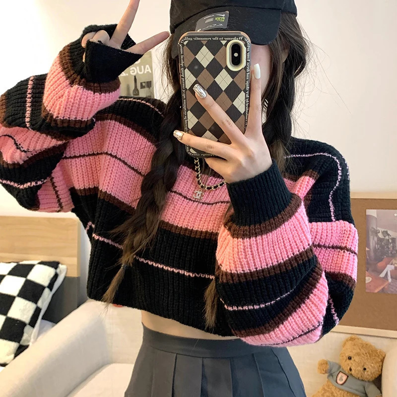 Womens Striped Jumper Vintage Female Autumn Long Sleeve Casual Cropped Sweater 250225