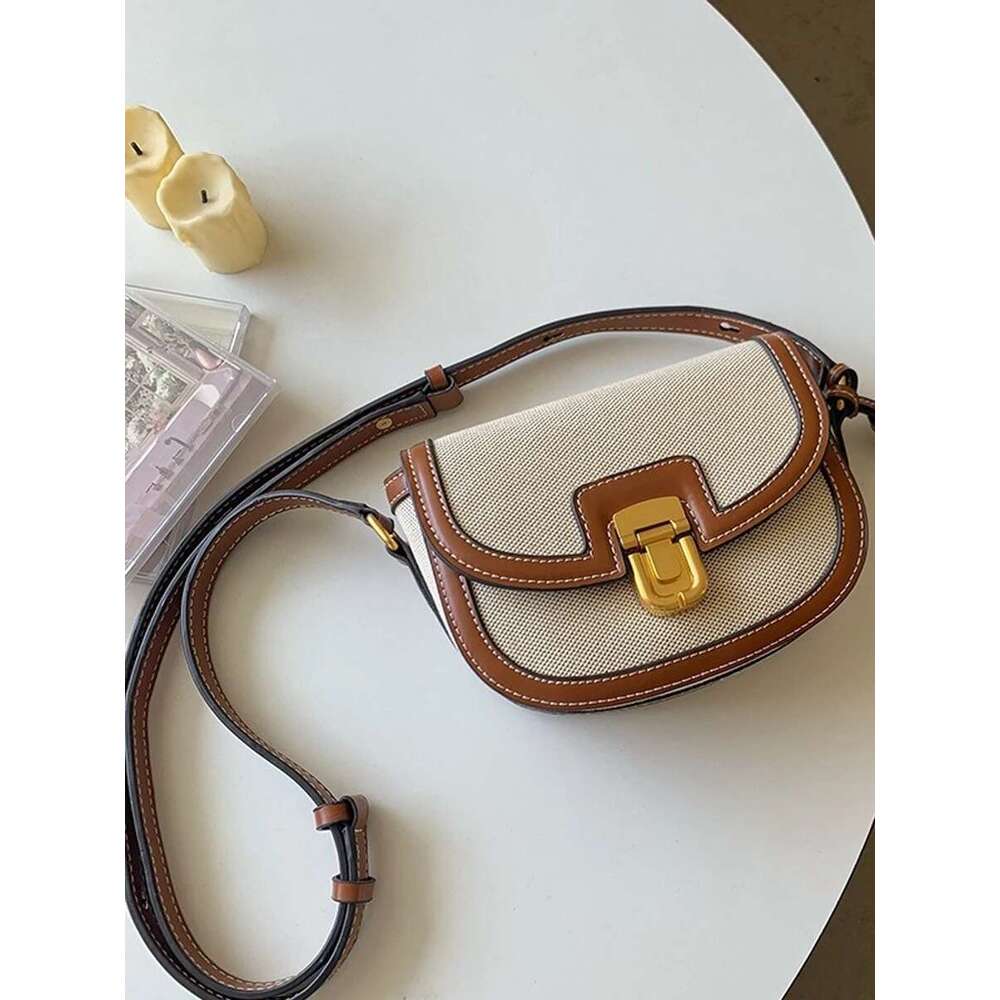 Small 2025 New Style Contrast Panel Canvas Retro One Shoulder Crossbody Saddle Bag