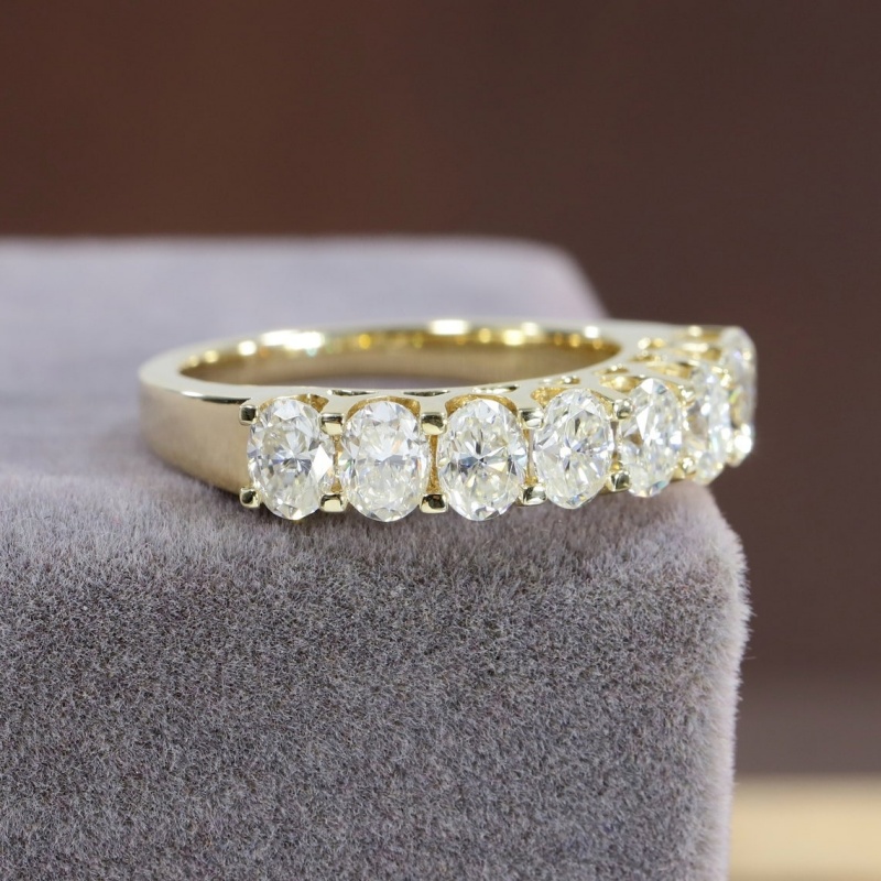 18K Yellow Gold 8 Stones 4.5*3.2mm Oval Cut Lab Diamond Ring Womens Eternity Solid Gold Half Prong Set CVD Diamond Gold Ring For Wedding Anniversary G