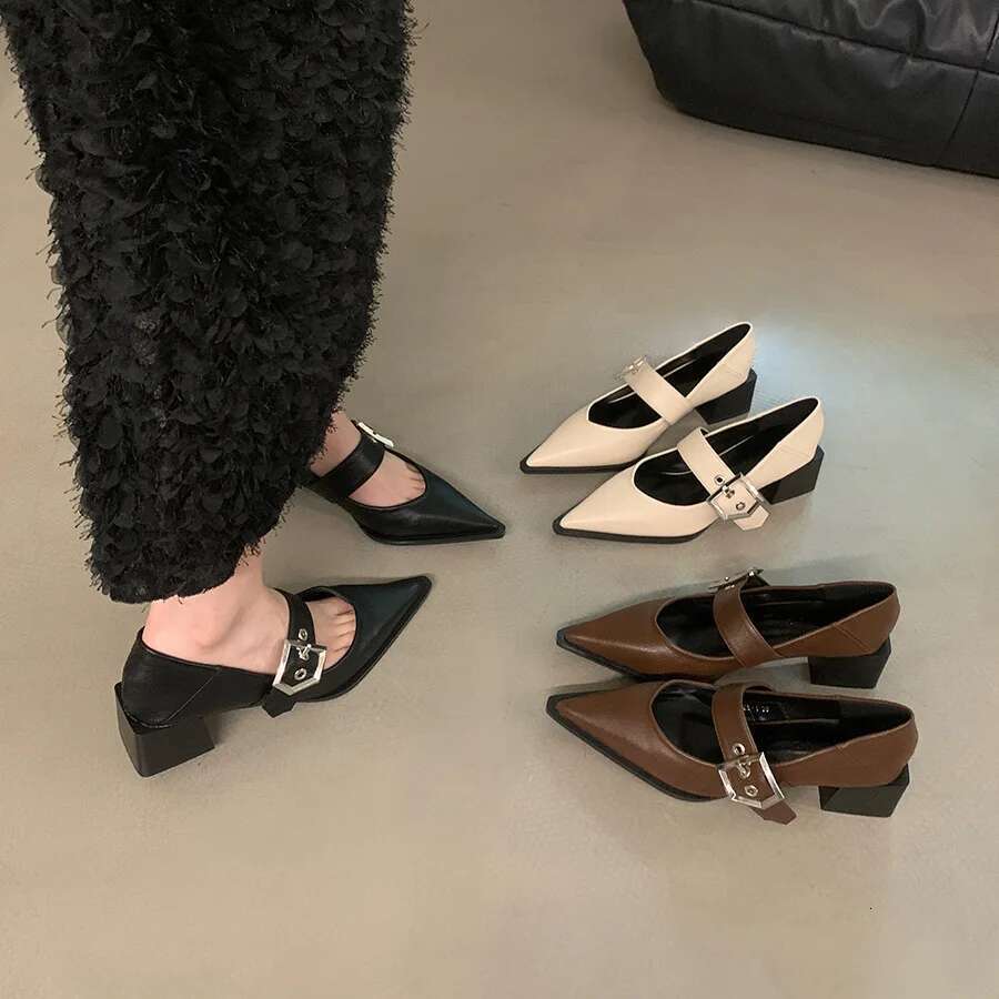 Retro Pointed Mary Jane Small Leather Shoes for Women Autumn and Winter New Korean Version of Chunky Heel Loafers