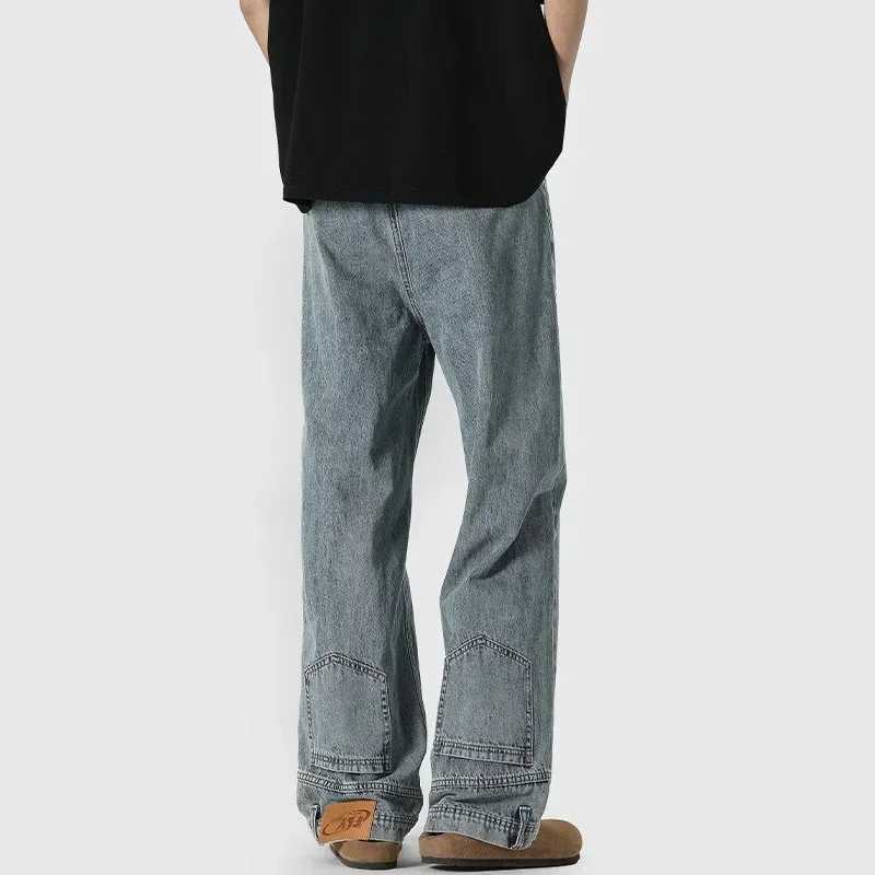 New Arrival Autumn Mens High Street Fashion Baggy Jeans Reverse Pocket Design Straight Wide Leg Denim Trousers Solid Color Y2K Vintage Jean Z250228