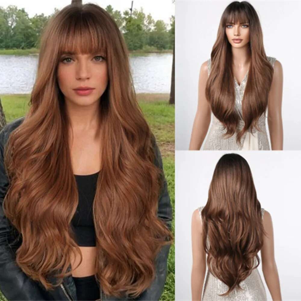 Ombre Honey Brown Synthetic Hair Wigs Long Natural Body Wavy With Bangs Realistic Daily Party Soft Wig Heat Resistant Fiber