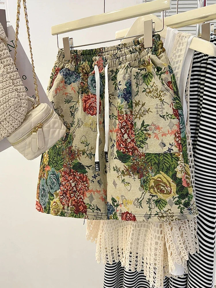 Plus Size 150kg Womens High Waist Shorts Jacquard Weave Artistic Aesthetics Wide Leg Short Y2k 2024 Summer Cool Sport 250228Z