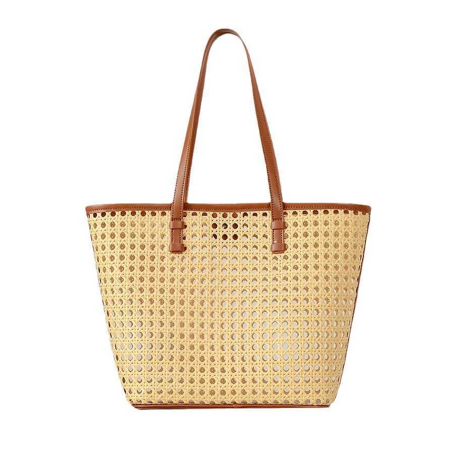 Spring summer hollowed out handmade straw woven bucket bag, large capacity rattan woven single shoulder handbag, women's beach bag 250215