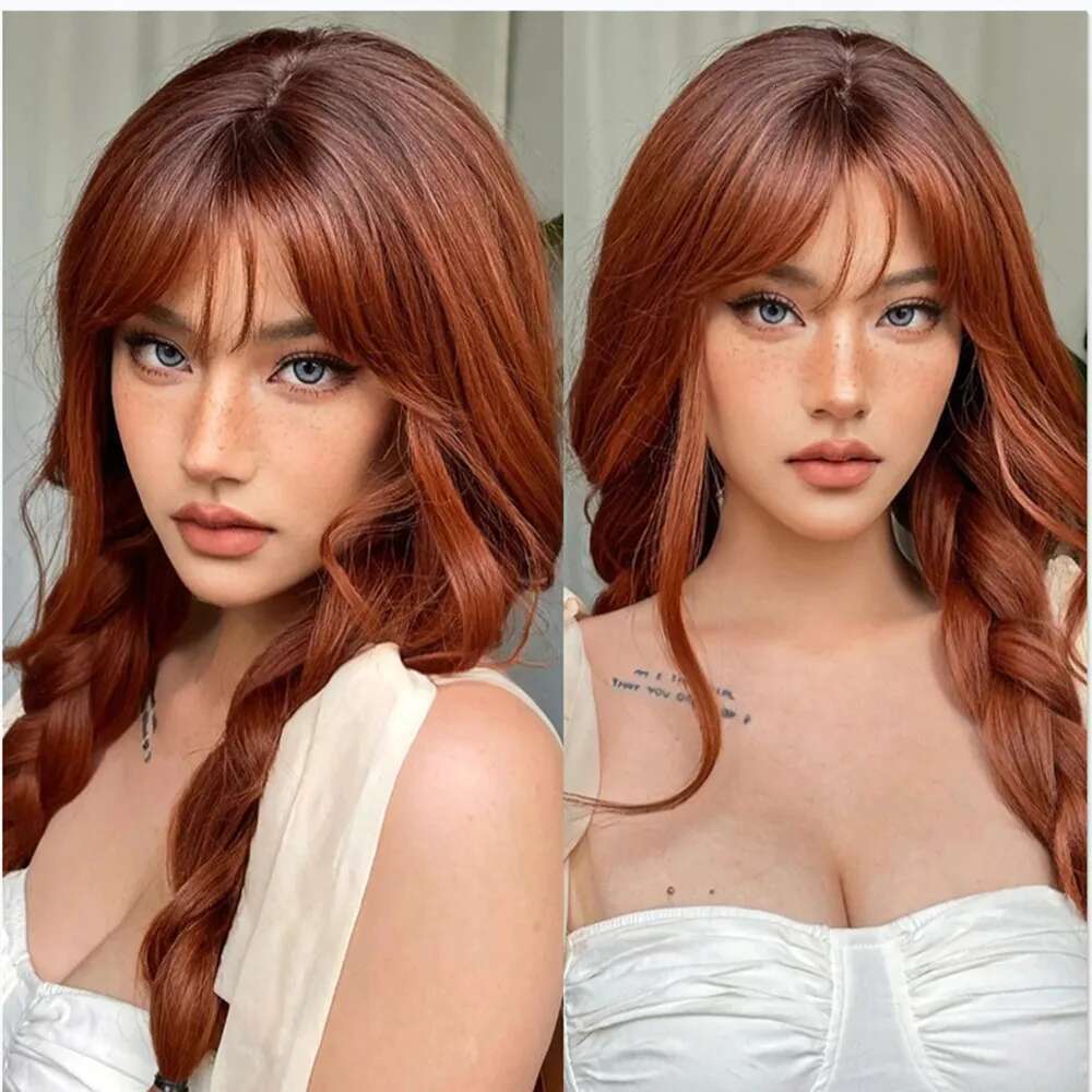 HENRY MARGU Auburn Synthetic Wigs With Bangs Ombre Long Wavy Wig For Daily Use Soft Natural Heat Resistant Party Fake Hair