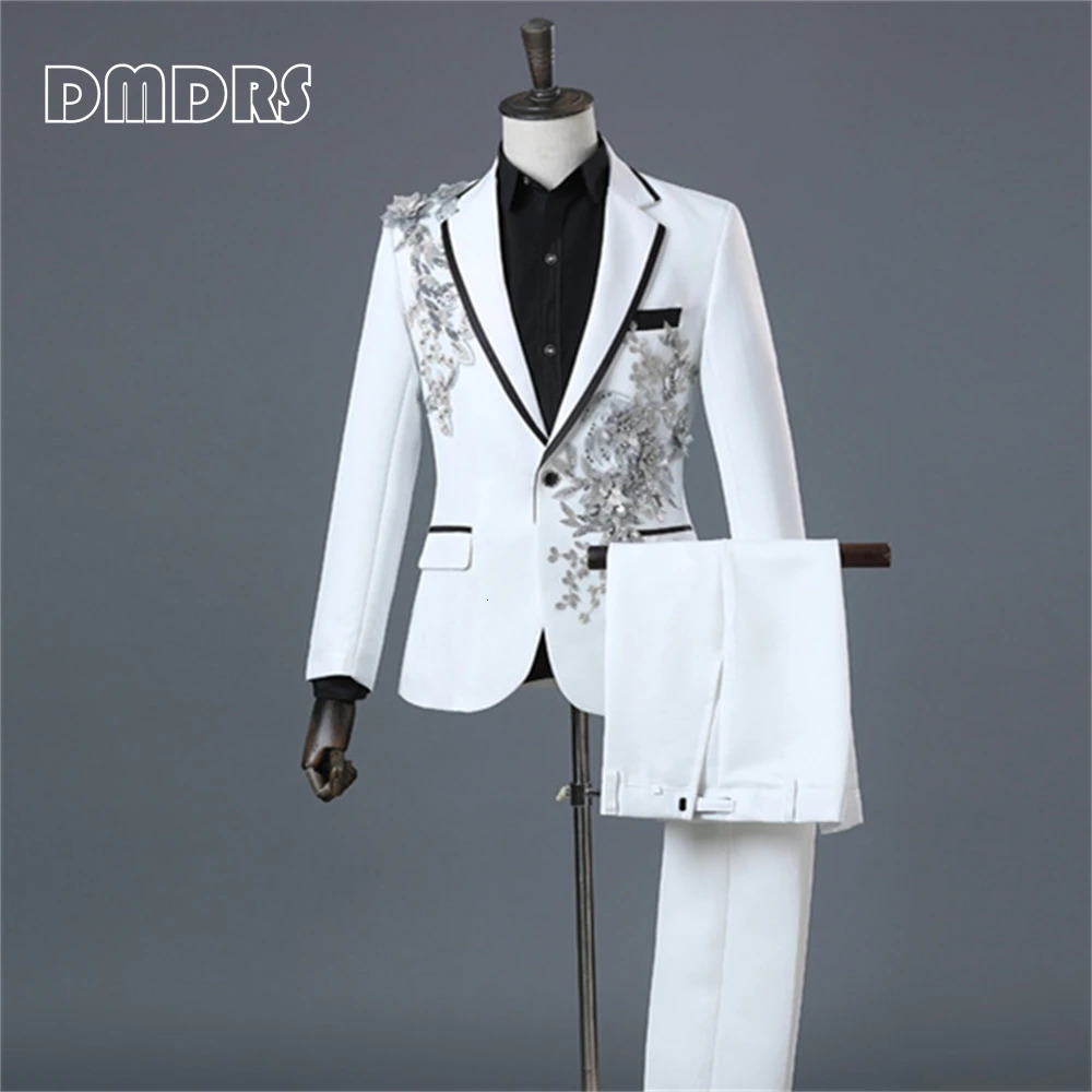 Beaded Mens Prom Suit Set Singer Sequined Party 2 Pieces Tuxedo Blazer Pants Plus Size Men Suits Images 250224