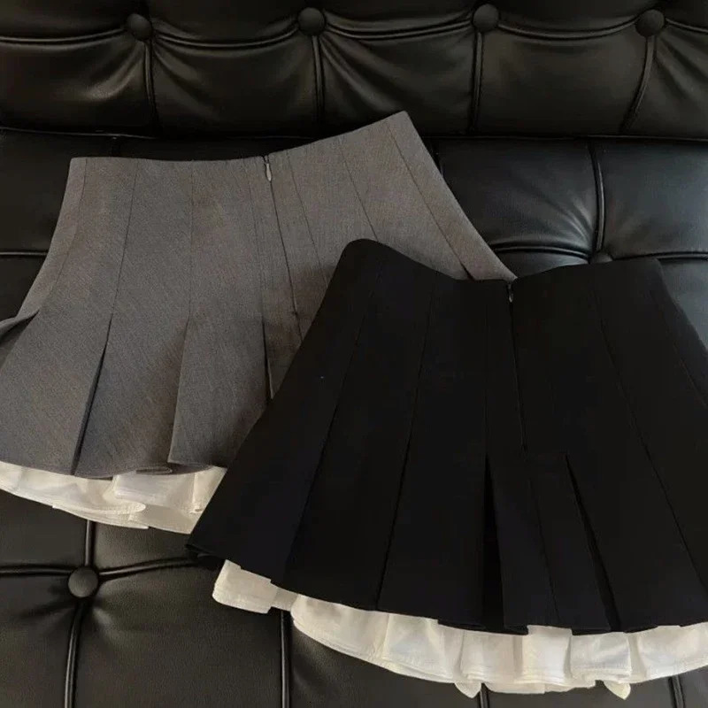 Ruffles Black Mini Skirt Women Korean Patchwork Pleated Skirts Japanese Kawaii High Waist All Match A Line Skirt 250227