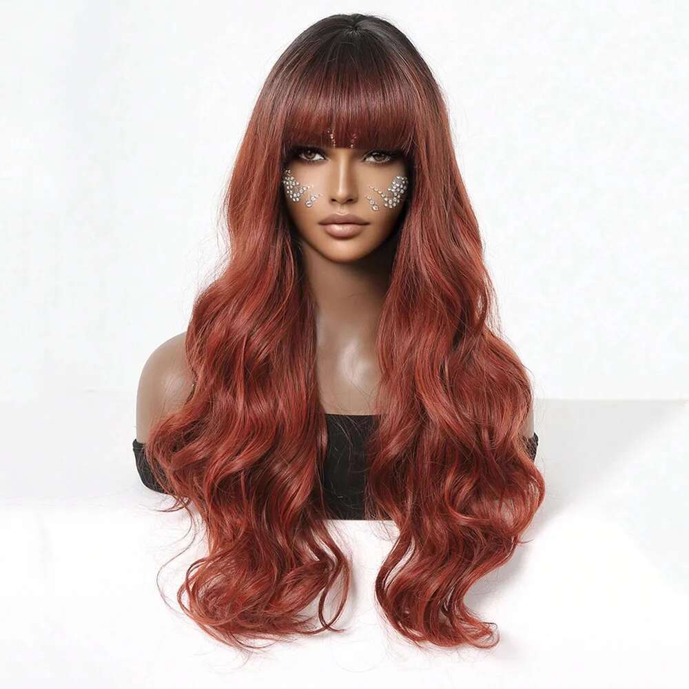 HENRY MARGU Auburn Synthetic Wigs With Bangs Ombre Long Wavy Wig For Daily Use Soft Natural Heat Resistant Party Fake Hair
