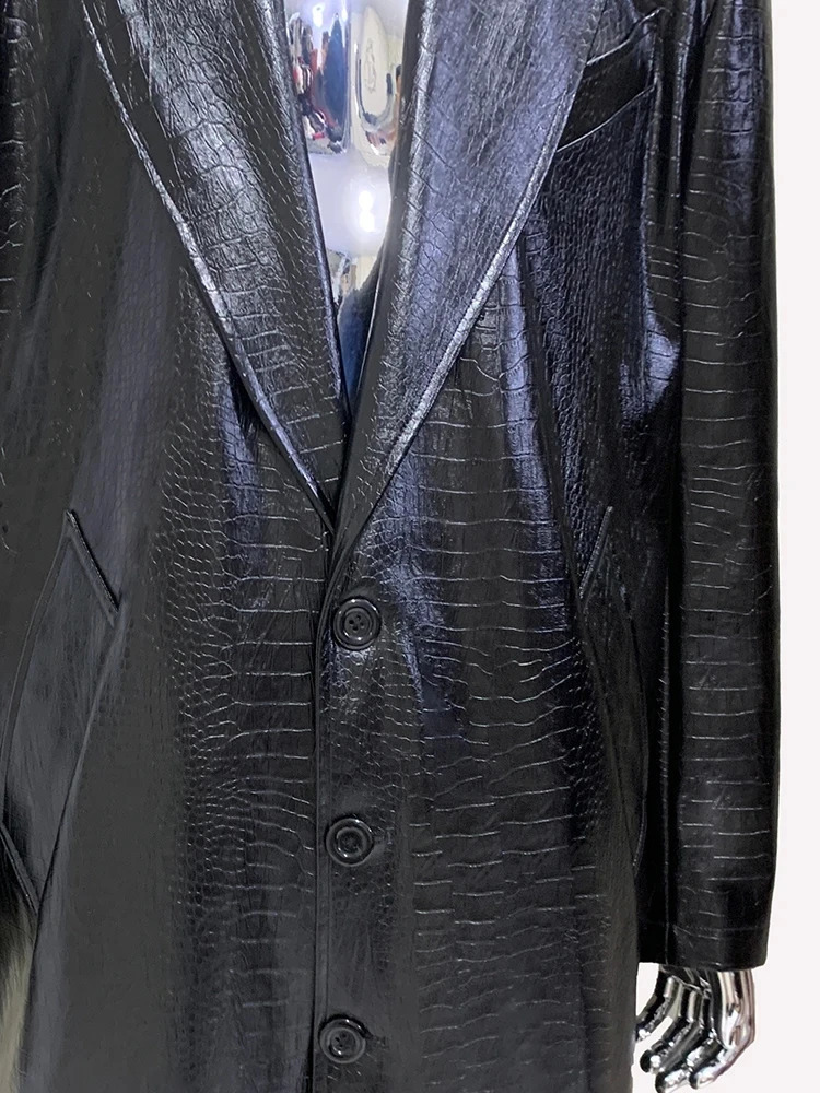 Mauroicardi Spring Autumn Maxi Black Print Pu Leather Trench Coat Men Single Breasted European Fashion 250225