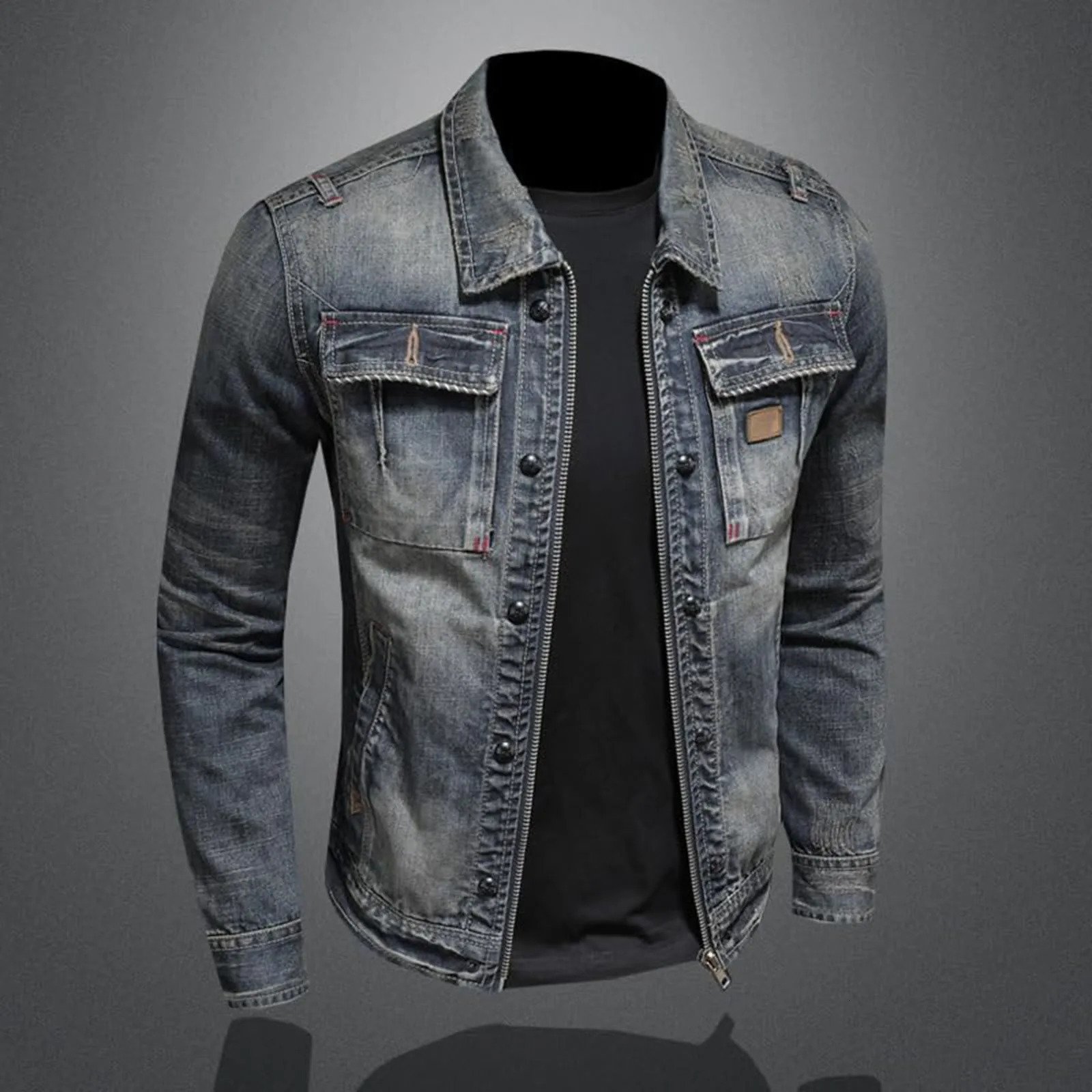 Retro denim jacket with zipper standing cotton slim fit denim jacket denim jacket classic hip-hop college jacket winter jacket 250225