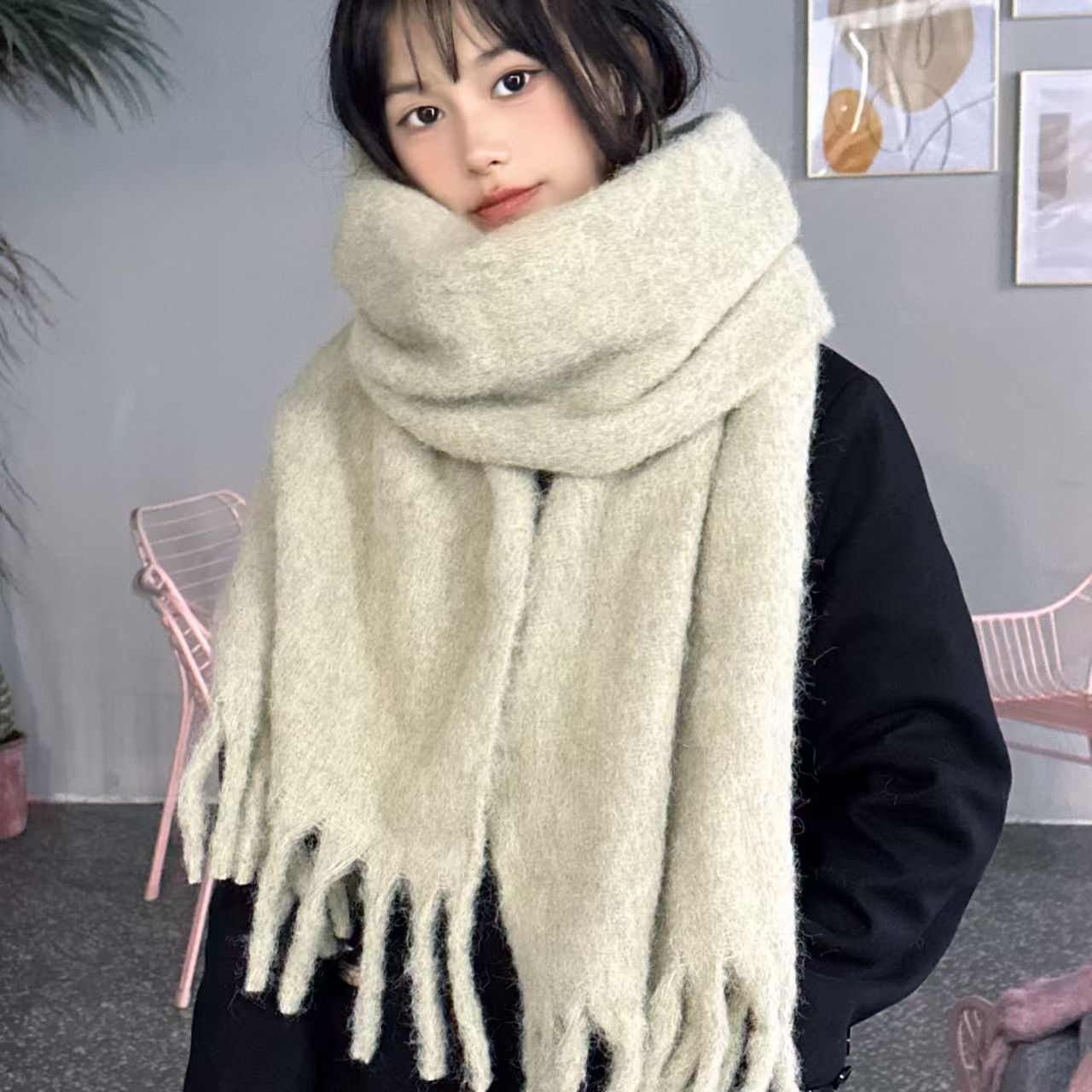 K020 Wool added upgrade ~ dark blue light blue * solid color mohair Korean version all-match solid color scarf autumn and winter neck scarf couple