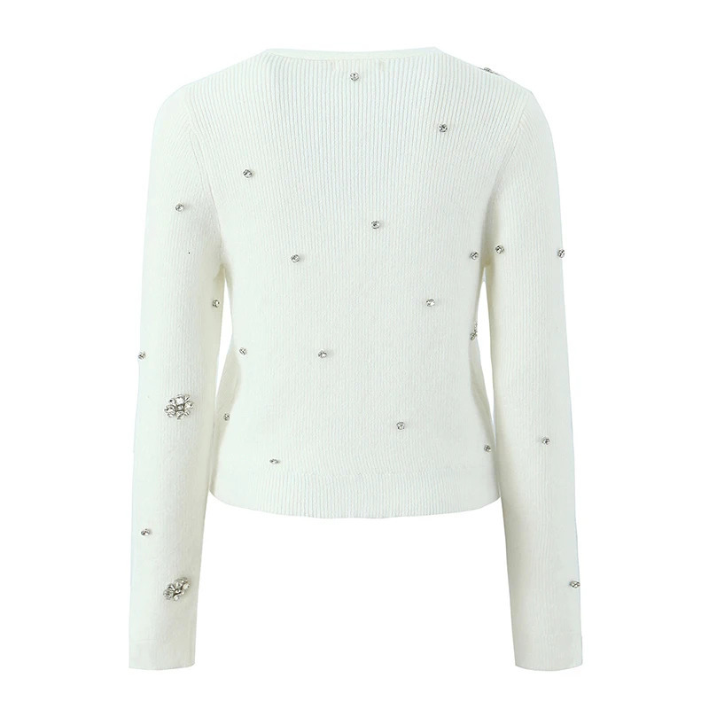 YENKYE 2025 Women Fashion Handmade Diamond Bow Knit Cardigan Long Sleeve V Neck Slim Crop Sweater Elegant Coat Tops 250225