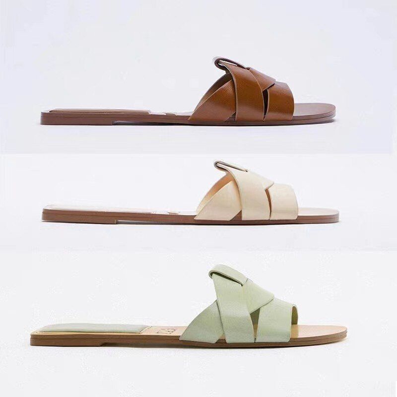 2025 New Brand Slippers Peep Toe Flat Shoes Woman Casual Slides Ladies Summer Sandals Shallow Low Heel Orange Brown Black