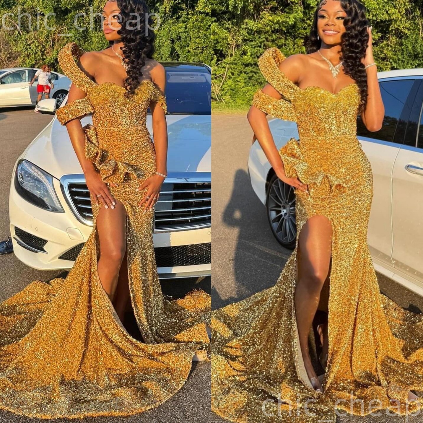 Gold Mermaid Prom Dresses 2025 Sweetheart Crystals Sequined High Split Evening Formal Party Second Birthday Engagement Gowns Plus Size Dress For Speci